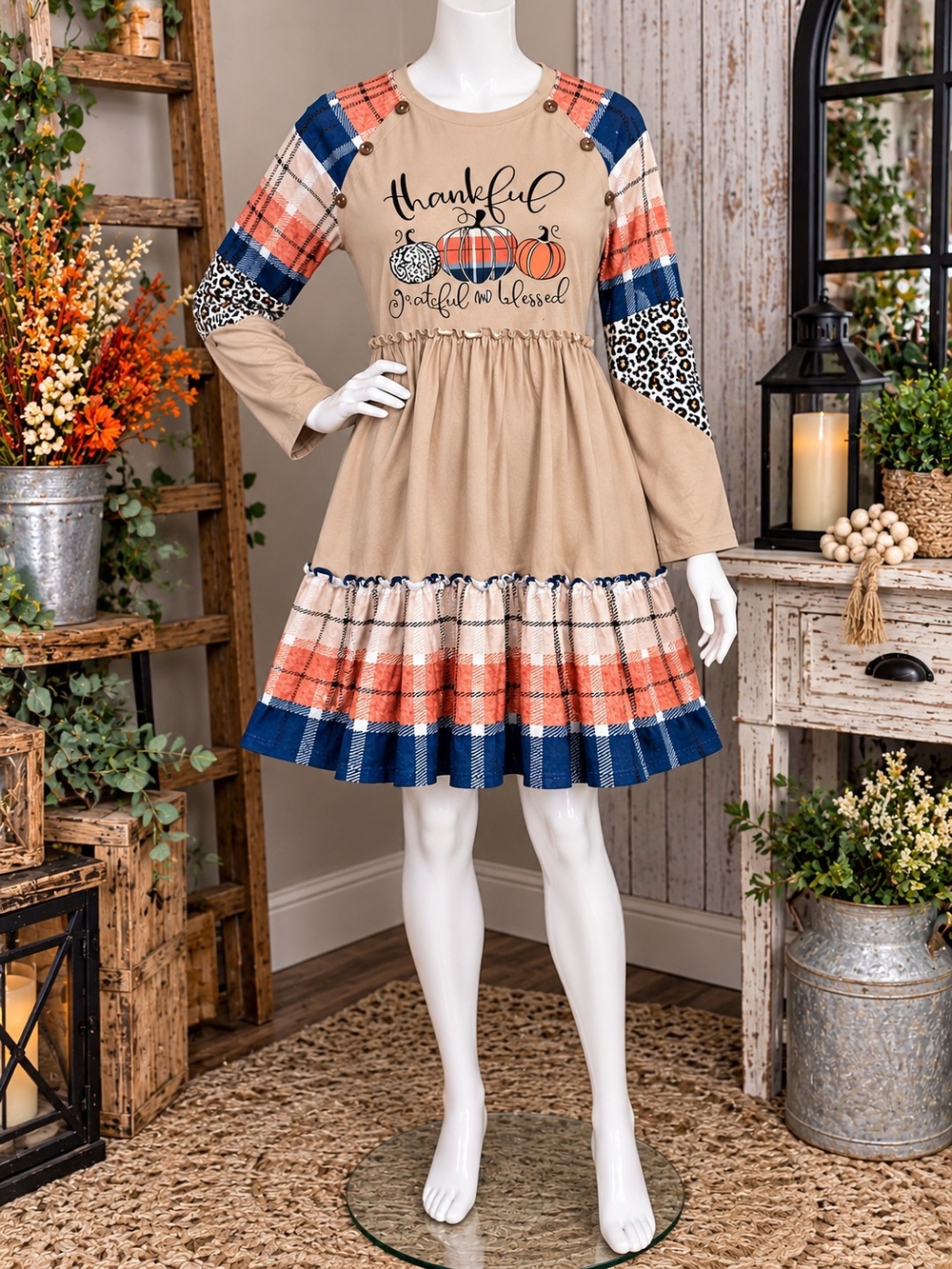 Unbranded Beige Plaid Ruffle-Hem Long Sleeve Dress - Thankful Graphic